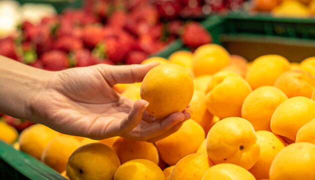 A hand selects a ripe apricot from a colorful display of fresh fruit in a market. The background shows a blurry assortment of strawberries and other produce