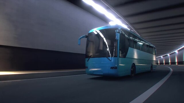 3d model Blue Tourist Coach Bus Driving Through Modern Tunnel. Realistic 4k animation.