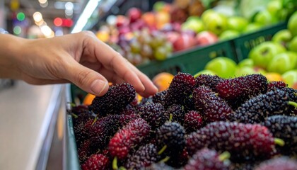 Fototapeta premium A hand selecting ripe mulberries from a vibrant display of fresh produce in a grocery store. The rich, dark berries are nestled amongst other colorful fruits, showcasing a bounty of natural goodness