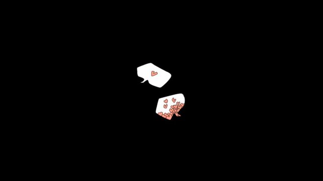 Animated heart speech bubbles floating upwards. Colorful pink and white chat bubbles with hearts on a black background. Looping animation for social media and communication concepts.