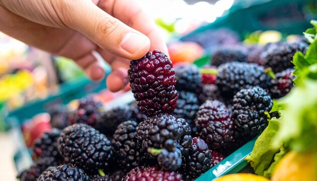 A hand selecting a ripe, dark purple mulberry from a vibrant display of fresh berries at a market