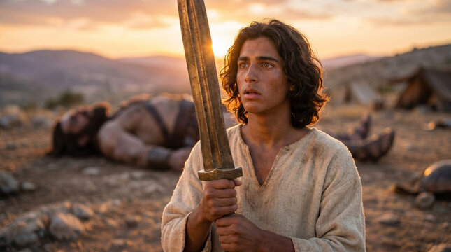 Young David holding Goliath's massive bronze sword vertically with both hands, standing on rocky battlefield at sunset, triumphant after victory over the Philistine giant.