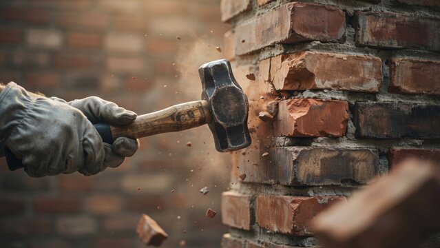 Closeup of a sledgehammer breaking a brick wall during demolition work