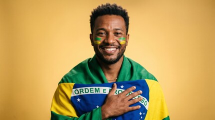 Obraz premium Brazilian Fan's Pride: A smiling man with Brazilian flag painted on his face and draped around his shoulders, placing his hand over his heart in a gesture of national pride and devotion.
