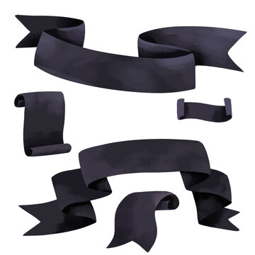 Set of Black Watercolor Ribbon Banners &mdash; Hand-Painted Scroll, Bookmark and Curved Label Collection for Vintage, Luxury and Decorative Design Projects