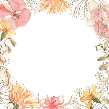 Square botanical watercolor frame with a round empty center for text, invitations, greeting cards and seasonal fair announcements. Hand painted floral composition with bright autumn flowers