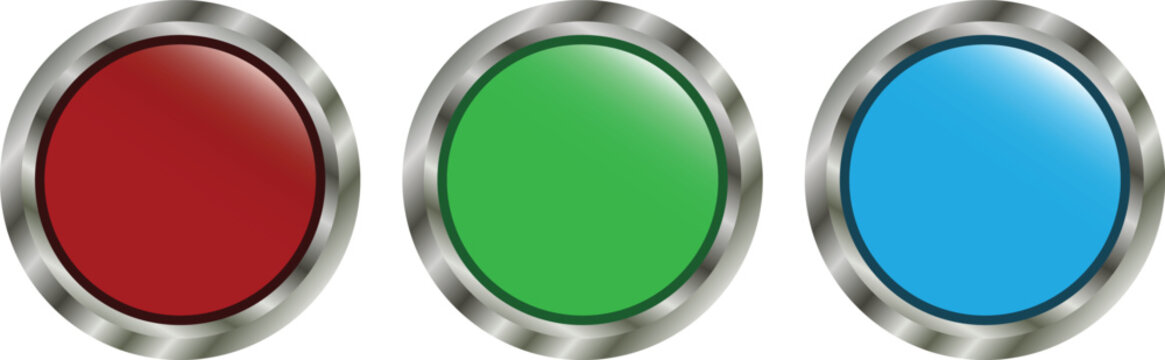 Glossy Round Web Button Collection with Red Green and Blue Metallic Circle Icons Vector Set