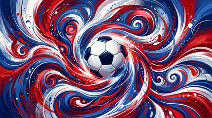 Fototapeta premium Vibrant soccer ball swirling in red, white, and blue abstract background with dynamic swirling patterns and splatters