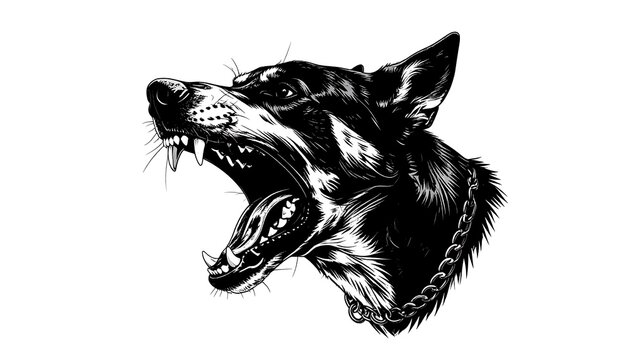 A black and white illustration of a snarling dog's head with its mouth open (1)