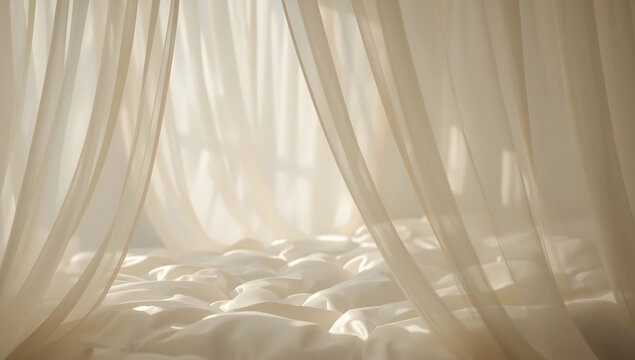 Soft morning light shining through sheer canopy curtain onto a cozy bed with white sheet.