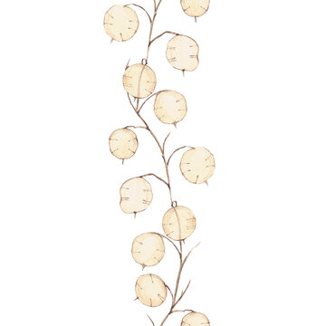 Vertical seamless border featuring dried Lunaria seed pods in delicate watercolor style. Botanical herbarium design
