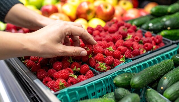Close-up shot of a hand selecting fresh raspberries from a vibrant display in a grocery store. The scene showcases a variety of ripe fruits and vegetables