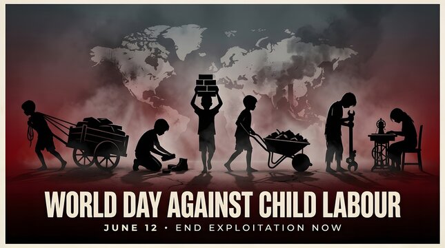 Silhouettes Of Working Children Against A World Map Background child labor labour youth employment