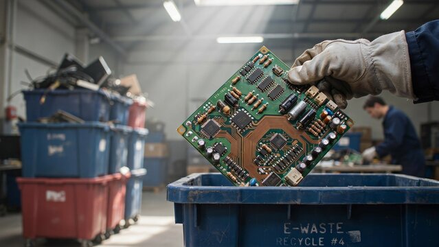 Worker holding a circuit board over an ewaste recycling bin in a warehouse