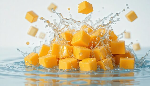A pile of cubed mango splashing into a pool of water with droplets flying everywhere