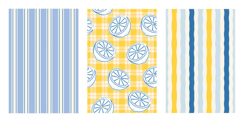 Obraz na płótnie Canvas Italian Summer seamless pattern set. Gingham background with Sicilian lemons or citrus fruits. Irregular vertical stripes. Hand drawn Amalfi Italy posters. Vector illustration