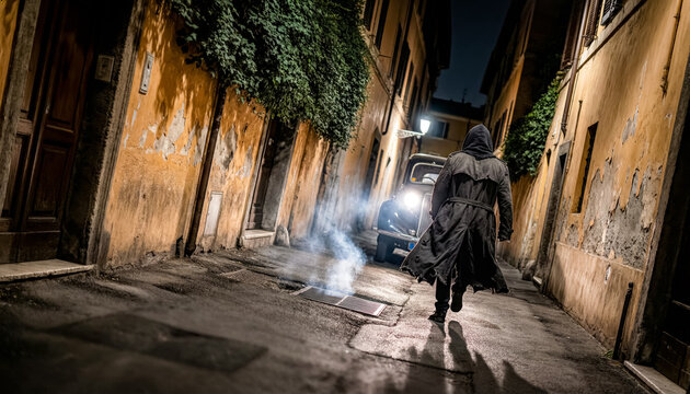 A hooded person wearing a long coat walks down a narrow alley between old buildings toward a parked car at night.