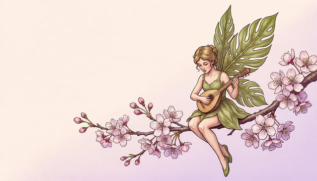 Greeting card template depicting a serene fairy playing a lute while sitting on a cherry blossom branch.