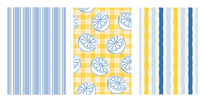 Italian Summer seamless pattern set. Gingham background with Sicilian lemons or citrus fruits. Irregular vertical stripes. Hand drawn Amalfi Italy posters. Vector illustration