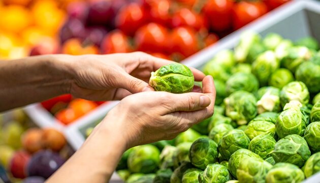 A person's hands holding a single Brussels sprout above a bin full of them, with blurry fruits in the background.