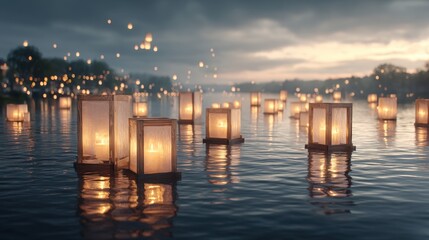 Fototapeta premium Enchanting evening dinner by the river with floating lanterns serene nature setting captivating viewpoint