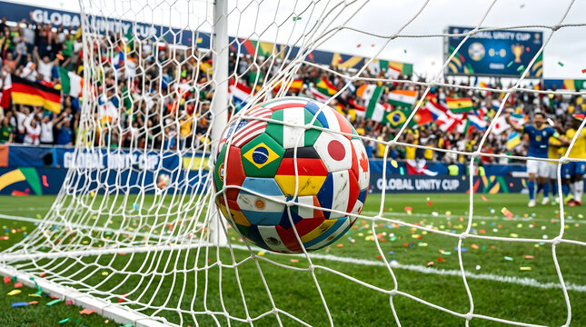 Vibrant soccer ball with multicolored flags in a goal net on a green field with cheering crowd in background at global unity cup