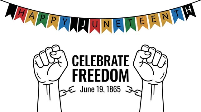 Juneteenth celebration banner with raised fists and broken chains, Celebrate Freedom holiday greeting, African American Emancipation Day illustration