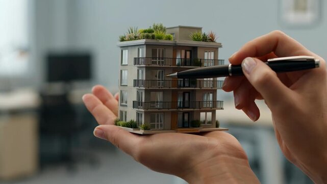 Hand presenting a modern apartment building model, symbolizing real estate investment, property development, and housing opportunities.