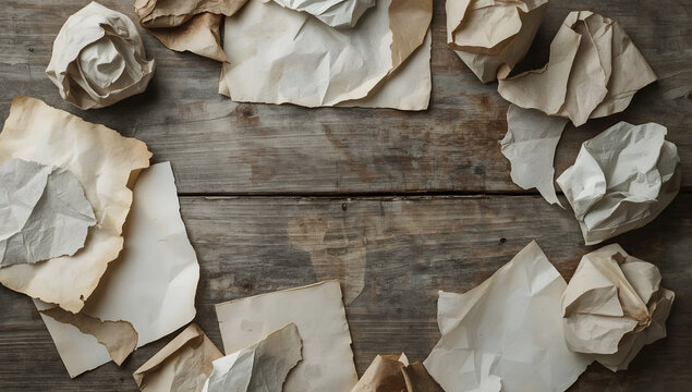 Frame of old crumpled and torn paper pieces on a rustic wooden table. Vintage style background with blank copy space.