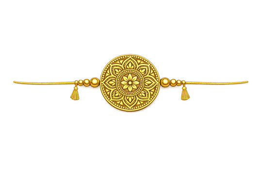 image.png Golden rakhi bracelet with ornate mandala centerpiece, beads and tassels, festive Indian Raksha Bandhan design isolated on transparent background