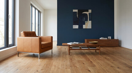 Fototapeta premium Modern Living Room with Leather Armchair, Coffee Table, and Dark Blue Accent Wall