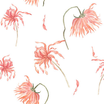 Seamless watercolor pattern with red dahlia flowers in a soft vintage garden style. Elegant hand painted botanical design