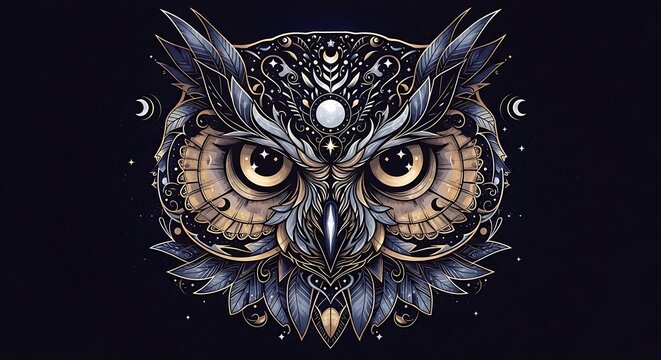 Close up of a detailed owl face in black and white.
