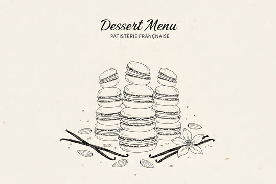 French Patisserie Macarons Stack Dessert Menu with Vanilla Beans and Flowers Illustration