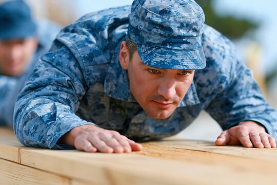 Military trainees crawling under obstacle during army training