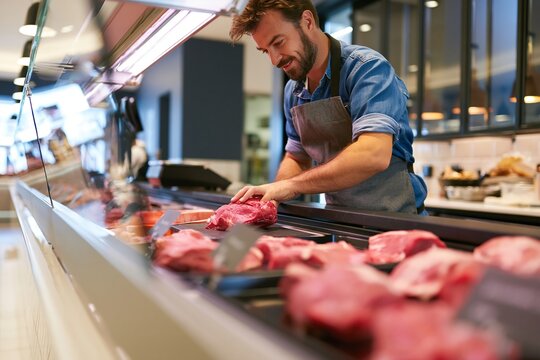 Butcher slicing raw meat on counter in modern butcher shop