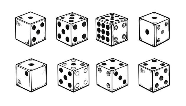 A black-and-white illustration of seven dice with various dot patterns
