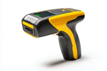 Yellow barcode scanner isolated on clean white background © pixelliebe