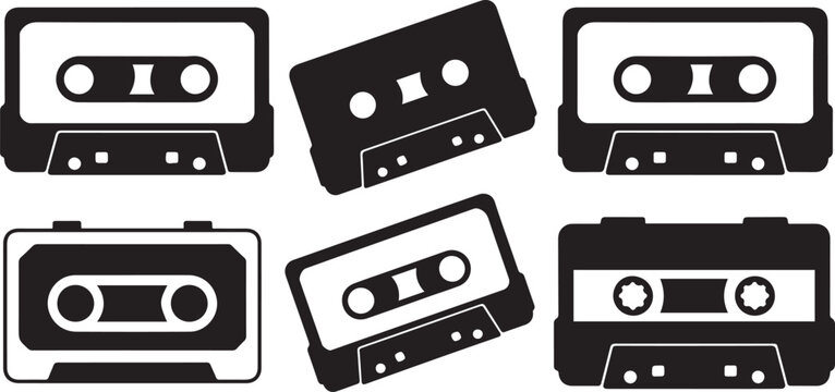 Cassette black vector. vintage cassette player vector. Vector set of cassettes. Black icon silhouette vector