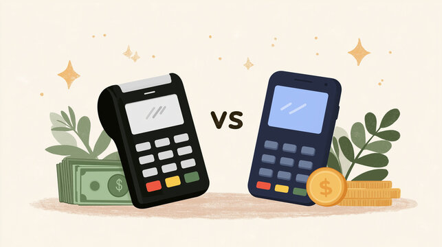 Payment terminal comparison: A visual comparison between a credit card terminal and a modern mobile payment device, flanked by cash and coins, symbolizing a choice in transaction methods.