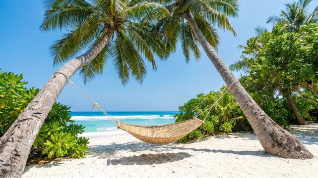 A woven hammock hangs between two palm trees on a pristine white sand beach. Turquoise ocean water laps the shore under a clear blue sky. Perfect tropical vacation.