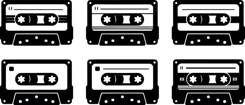 Cassette black vector. vintage cassette player vector. Vector set of cassettes. Black icon silhouette vector