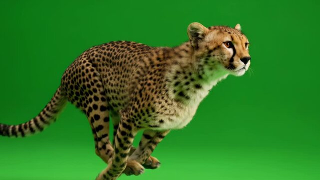 Side-view cheetah sprinting on a green screen background, dynamic animal action footage designed for seamless chroma key integration.