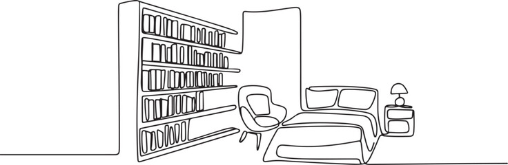 Library interior with bookshelves. Seamless room with bedside tables and bookcases. one line art icon drawing vector © jinnatun