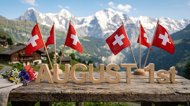 Wooden letters spell out August 1st with Swiss flags flying high against a majestic mountain landscape and traditional chalets