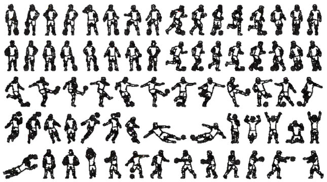 Create 50 unique soccer player poses, standing with ball, running with ball, shooting, jumping header, slide tackle, celebration, black outline vector style.

