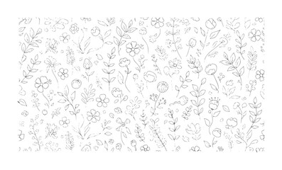 Obraz premium Delicate hand drawn floral pattern with scattered leaves and flowers botanical