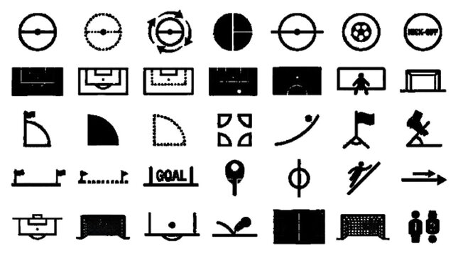 Create 35 unique football field symbols, center circle, penalty box, corner arc, touchline marker, goal area, black vector only.

