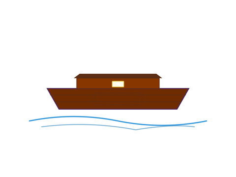 Noah Ark wooden boat vector illustration. Ancient biblical Teivat Noach vessel floating on water flood, Genesis Torah story covenant symbol isolated.