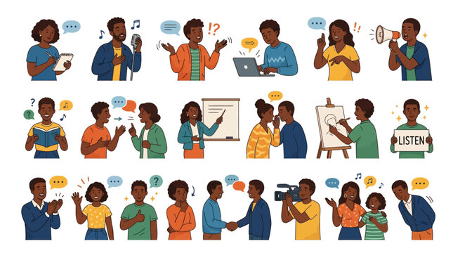Diverse people communicating effectively with each other in various settings
